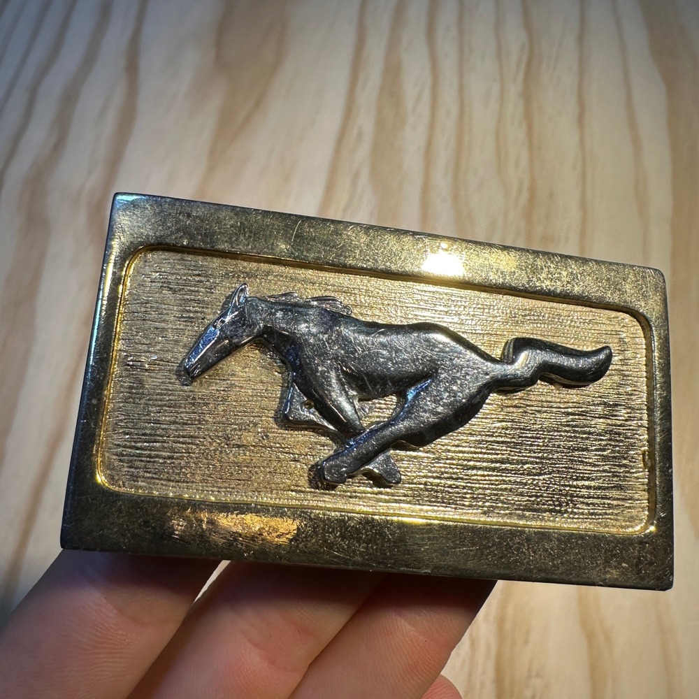 Vintage Ford Mustang Running Pony Gold Tone Belt Buckle Made in USA Rectangular